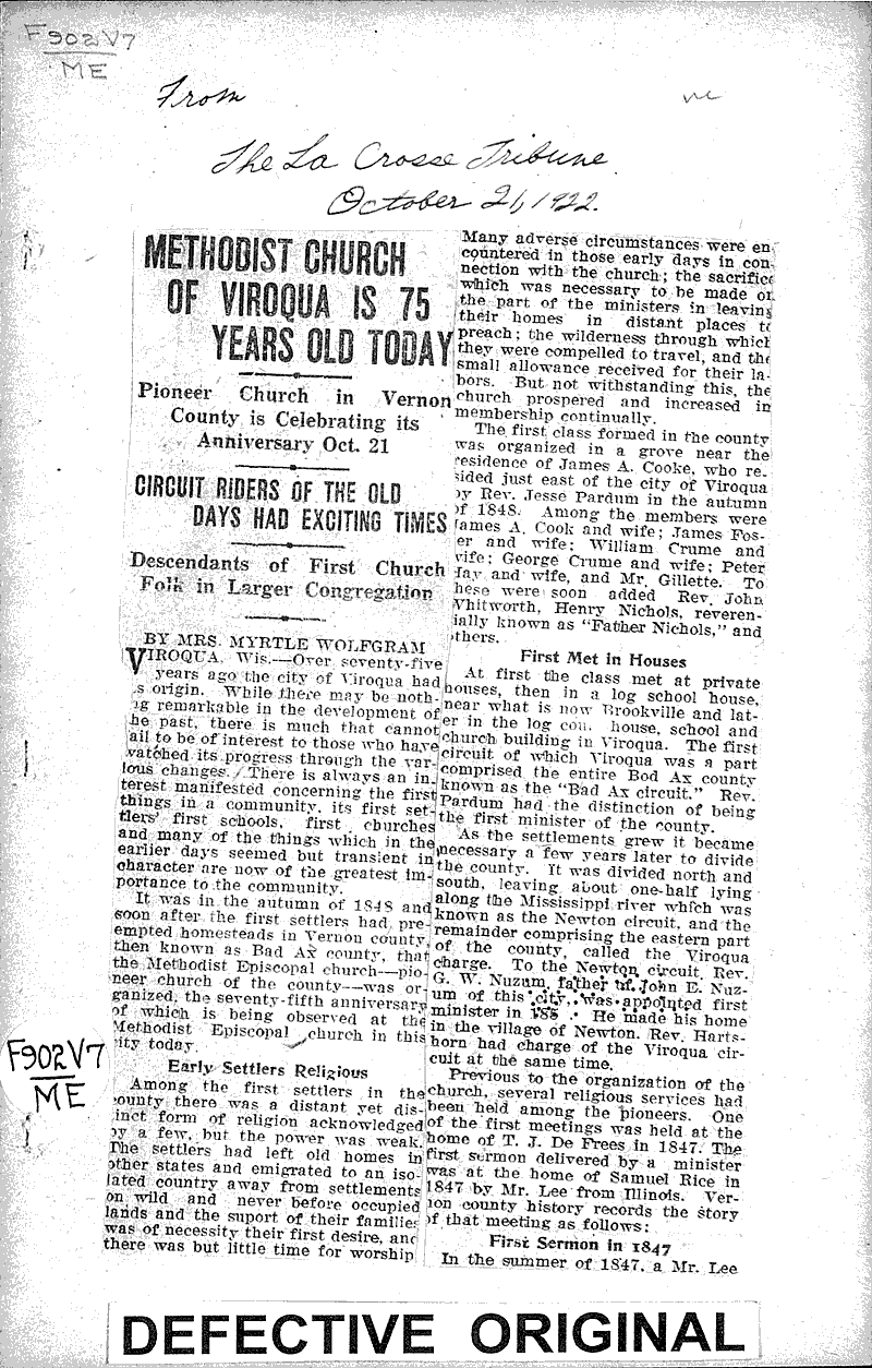  Source: La Crosse Tribune Topics: Church History Date: 1922-10-21
