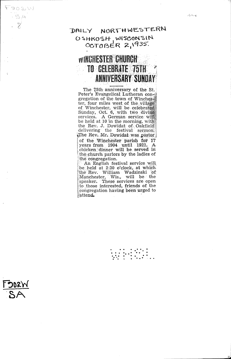  Source: Oshkosh Daily Northwestern Topics: Church History Date: 1935-10-02