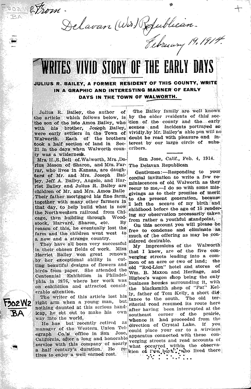 Writes vivid story of the early days Source: Delavan Republican Date: 1914-02-19