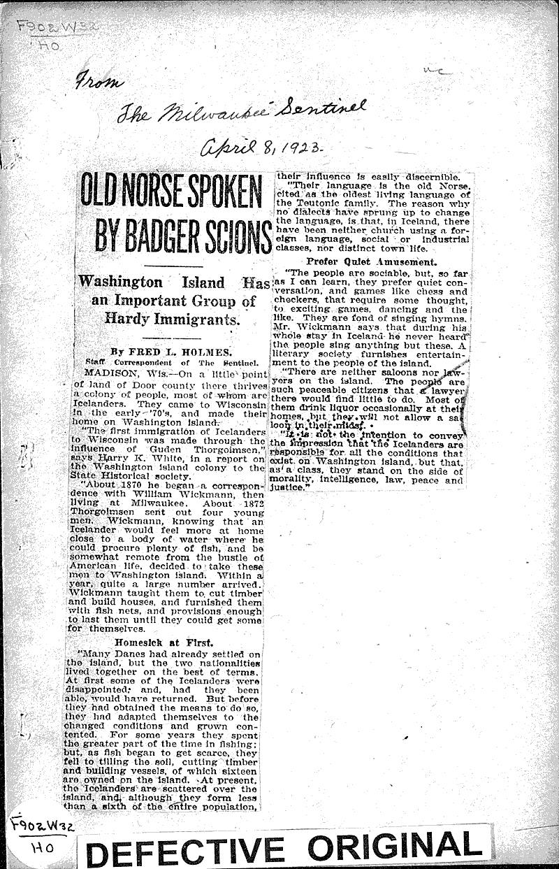Old norse spoken by badger scions Source: Milwaukee Sentinel Topics: Immigrants Date: 1923-04-08