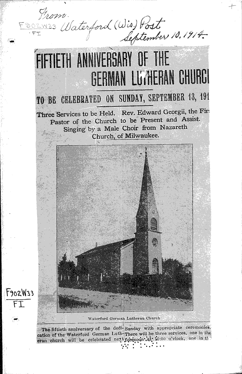  Source: Waterford Post Topics: Church History Date: 1914-09-10