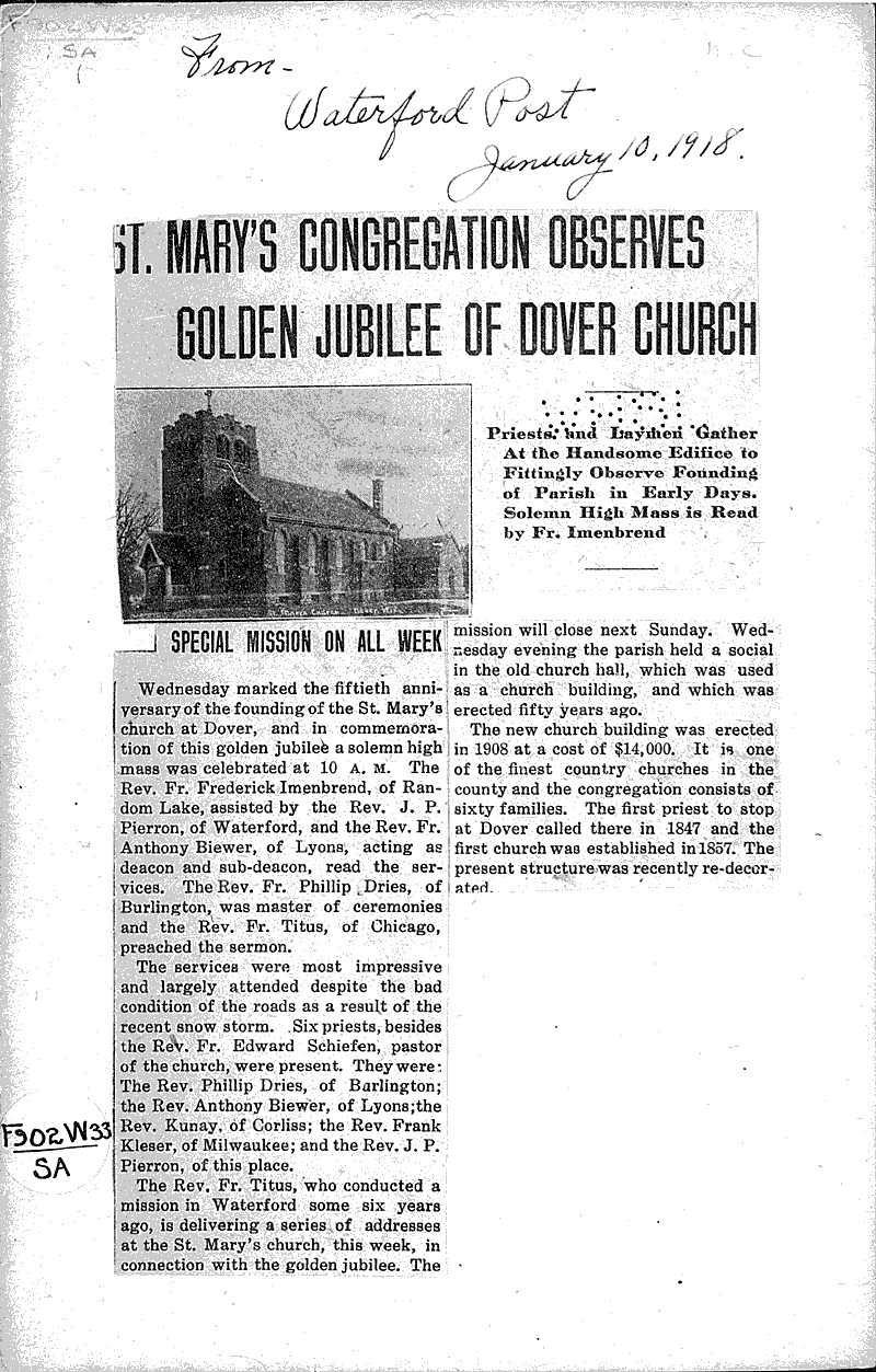  Source: Waterford Post Topics: Church History Date: 1918-01-10