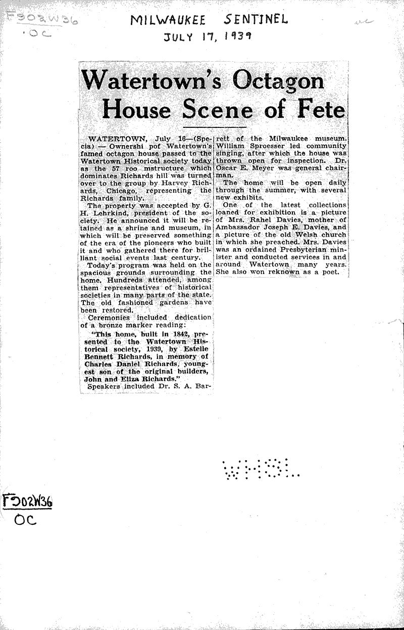 Watertown's octagon house scene of fete Source: Milwaukee Sentinel Topics: Architecture Date: 1939-07-17