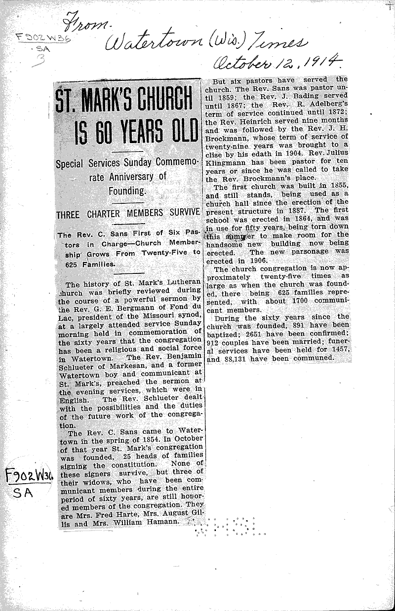  Source: Watertown Times Topics: Church History Date: 1914-10-12