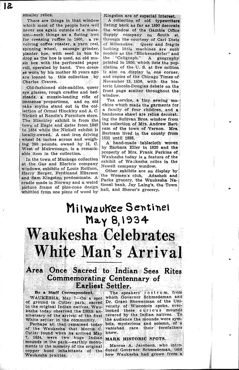 Waukesha celebrates white man's arrival Source: Milwaukee Sentinel Date: 1934-05-08