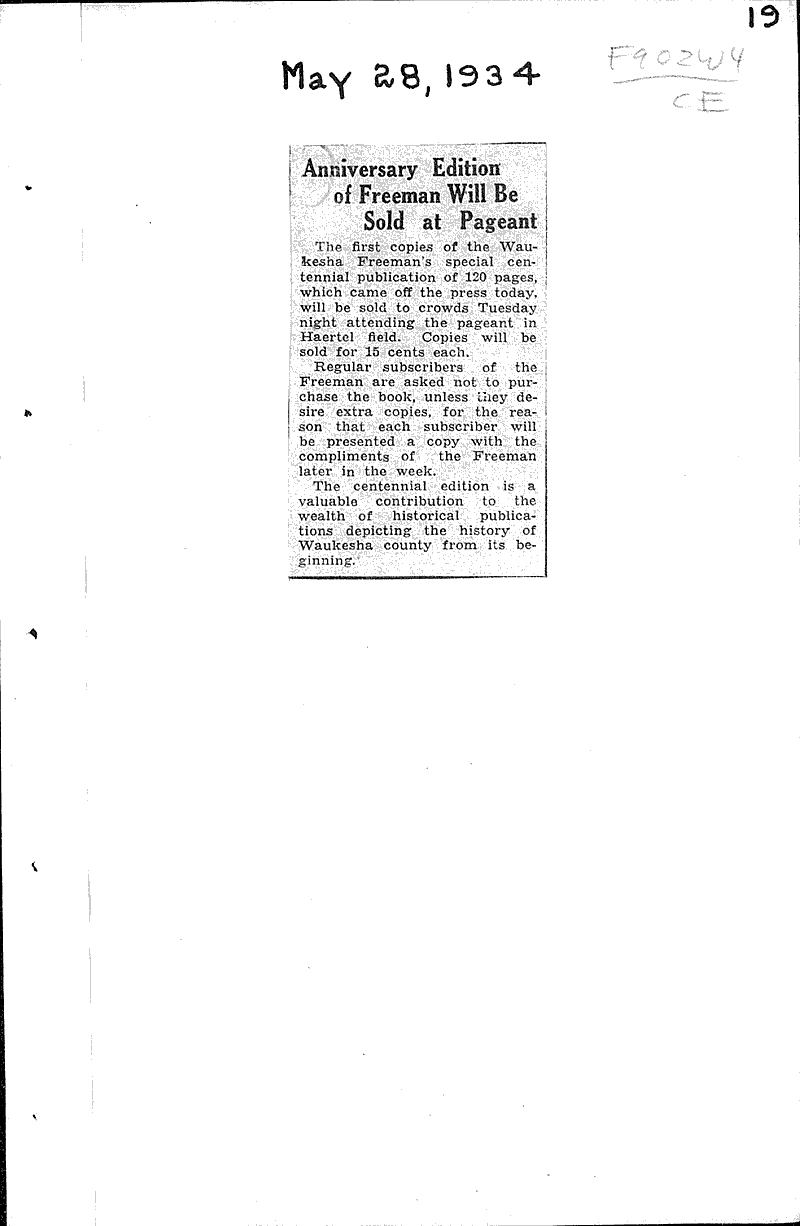 Anniversary edition of Freeman will be sold at pageant Source: Waukesha Daily Freeman Date: 1934-05-28