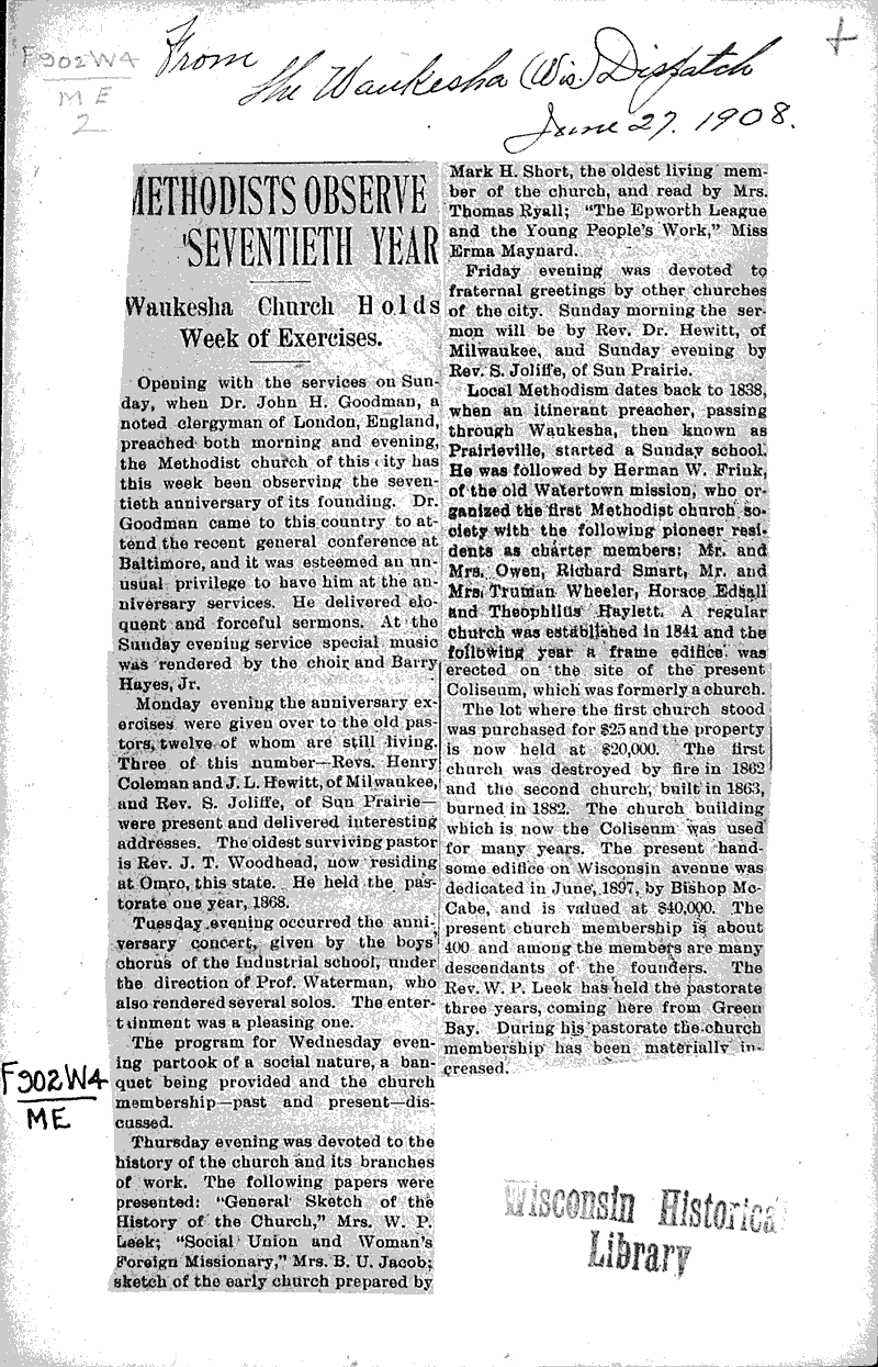  Source: Waukesha Dispatch Topics: Church History Date: 1908-06-27