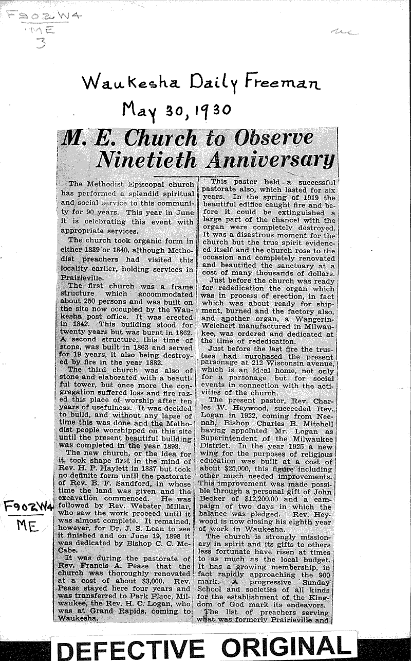  Source: Waukesha Daily Freeman Topics: Church History Date: 1930-05-30