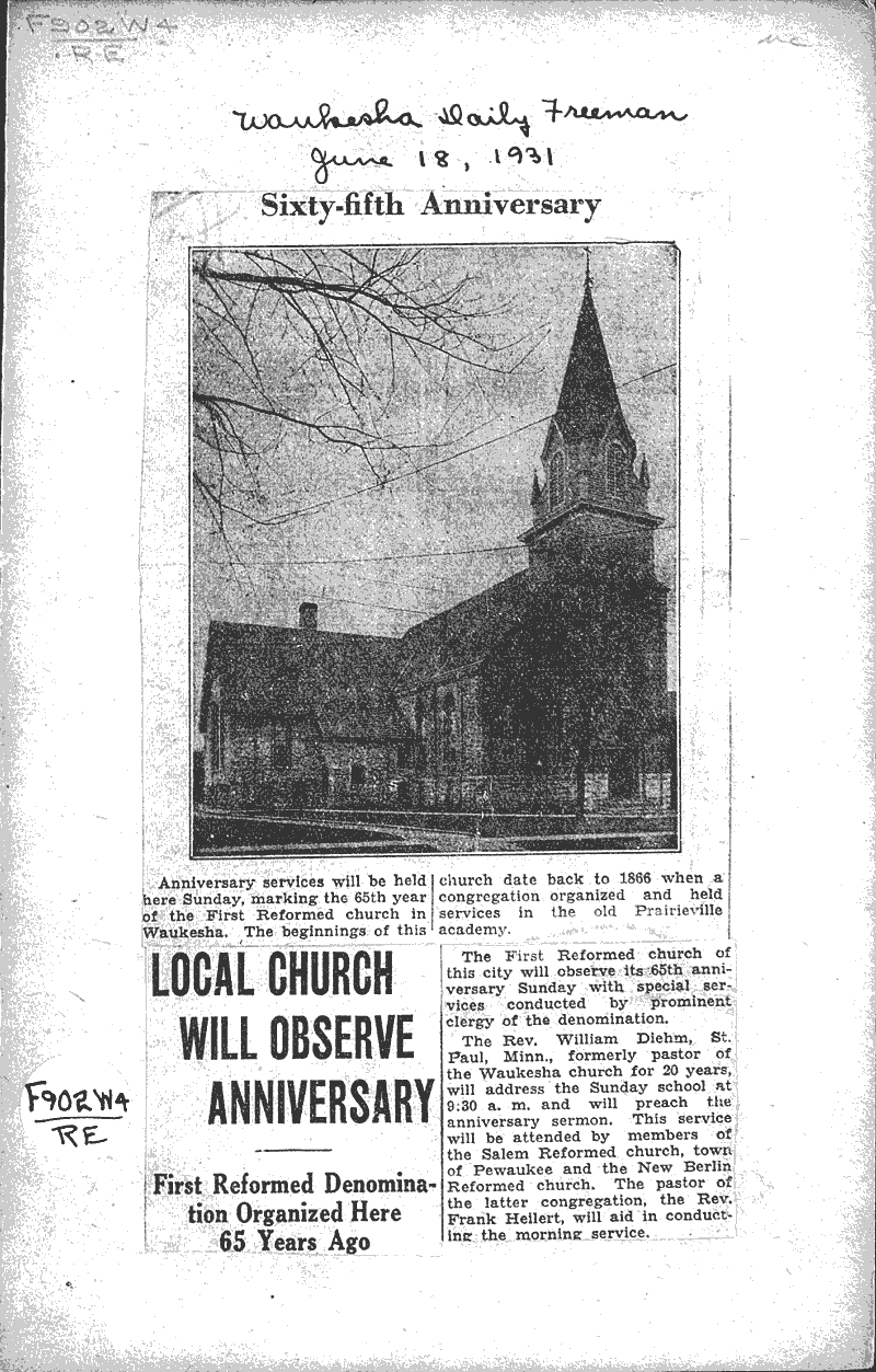  Source: Waukesha Daily Freeman Topics: Church History Date: 1931-06-18