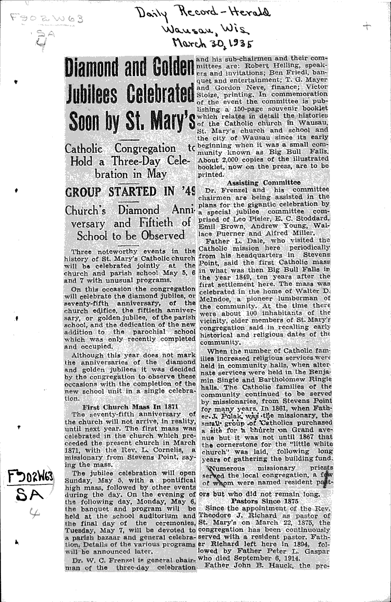  Source: Wausau Daily Record-Herald Topics: Church History Date: 1935-03-30