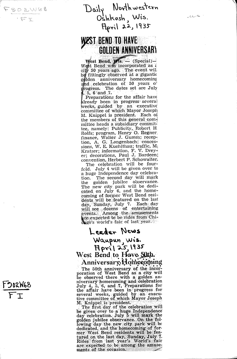 West Bend to have 50th anniversary homecoming Source: Waupun Leader News Date: 1935-04-25