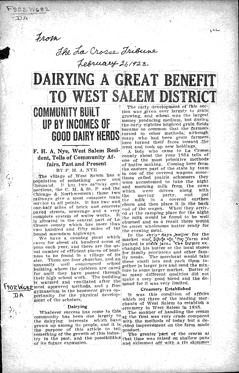 Dairying a great benefit to West Salem district Source: La Crosse Tribune Topics: Agriculture Date: 1923-02-21