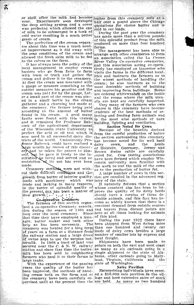 Dairying a great benefit to West Salem district Source: La Crosse Tribune Topics: Agriculture Date: 1923-02-21