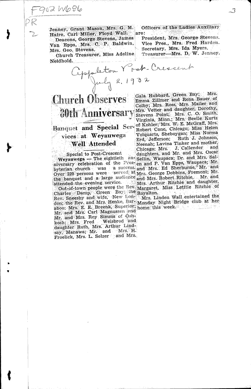  Source: Waupun Post Topics: Church History Date: 1932-06-30