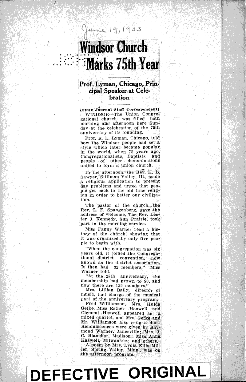  Source: Wisconsin State Journal Topics: Church History Date: 1933-06-19