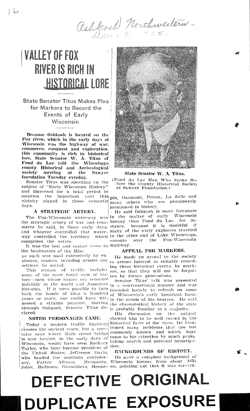 Valley of Fox River is rich in historical lore Source: Oshkosh Northwestern Date: 1925-12-03