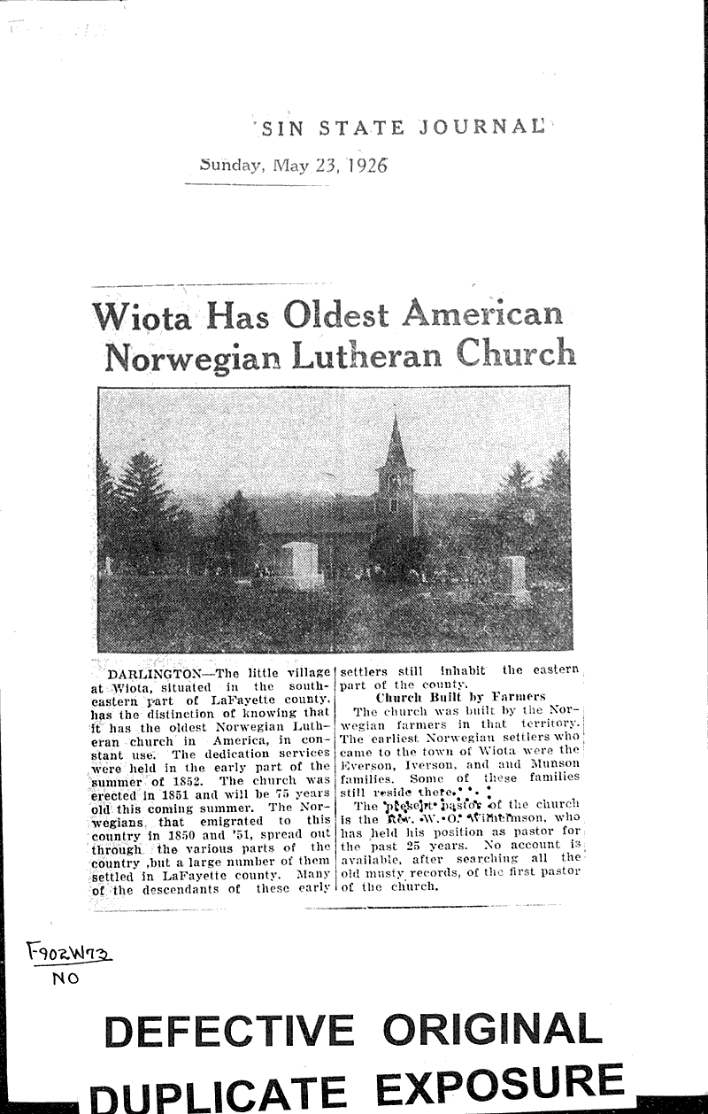  Source: Wisconsin State Journal Topics: Church History Date: 1926-05-23