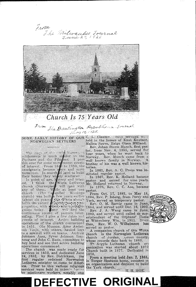  Source: Milwaukee Journal Topics: Church History Date: 1926-06-27