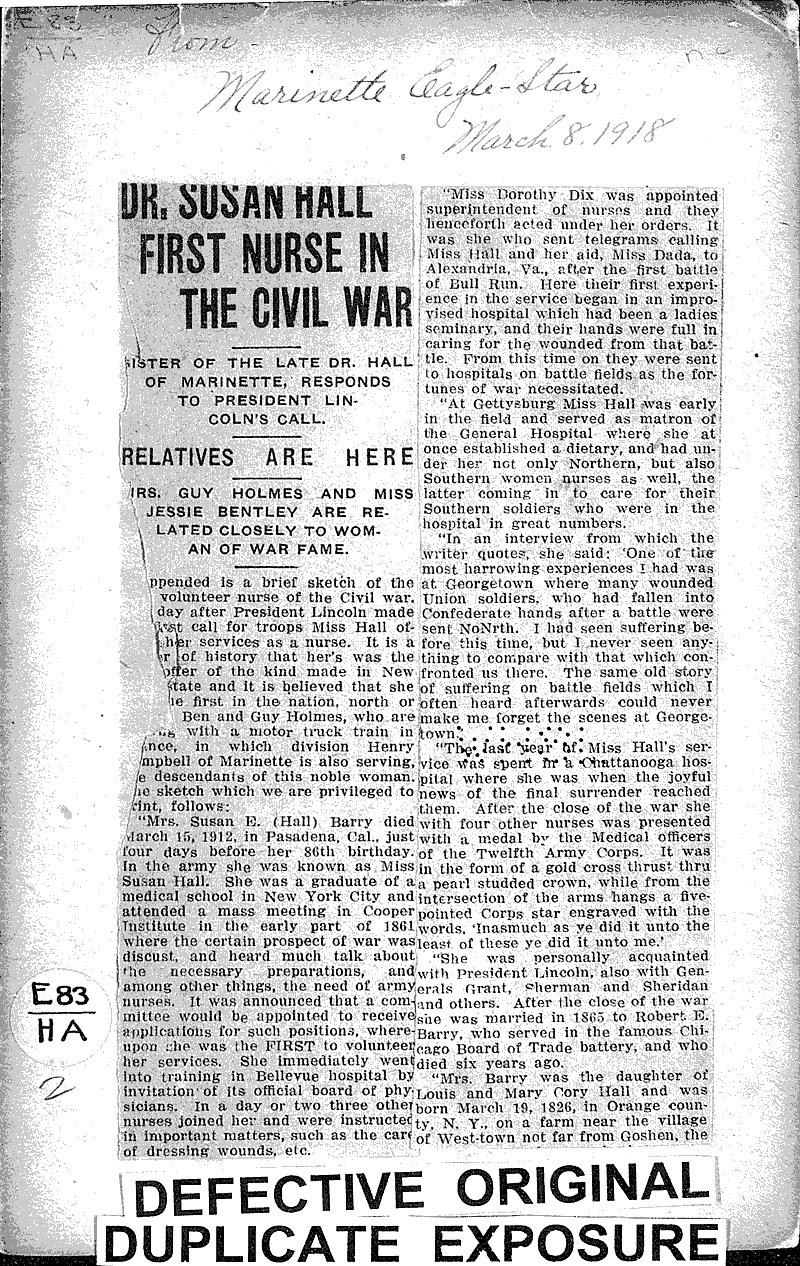 Dr. Susan Hall first nurse in the Civil War Source: Marinette Eagle-Star Topics: Civil War Date: 1918-03-08
