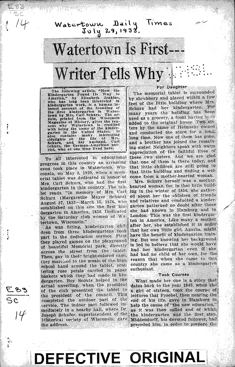 Watertown is first--writer tells why Source: Watertown Daily Times Topics: Education Date: 1933-07-29