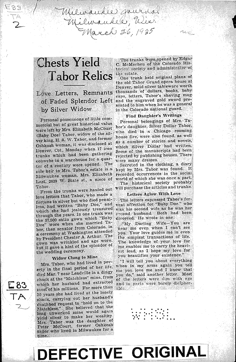 Chests yield Tabor relics Source: Milwaukee Journal Date: 1935-03-26