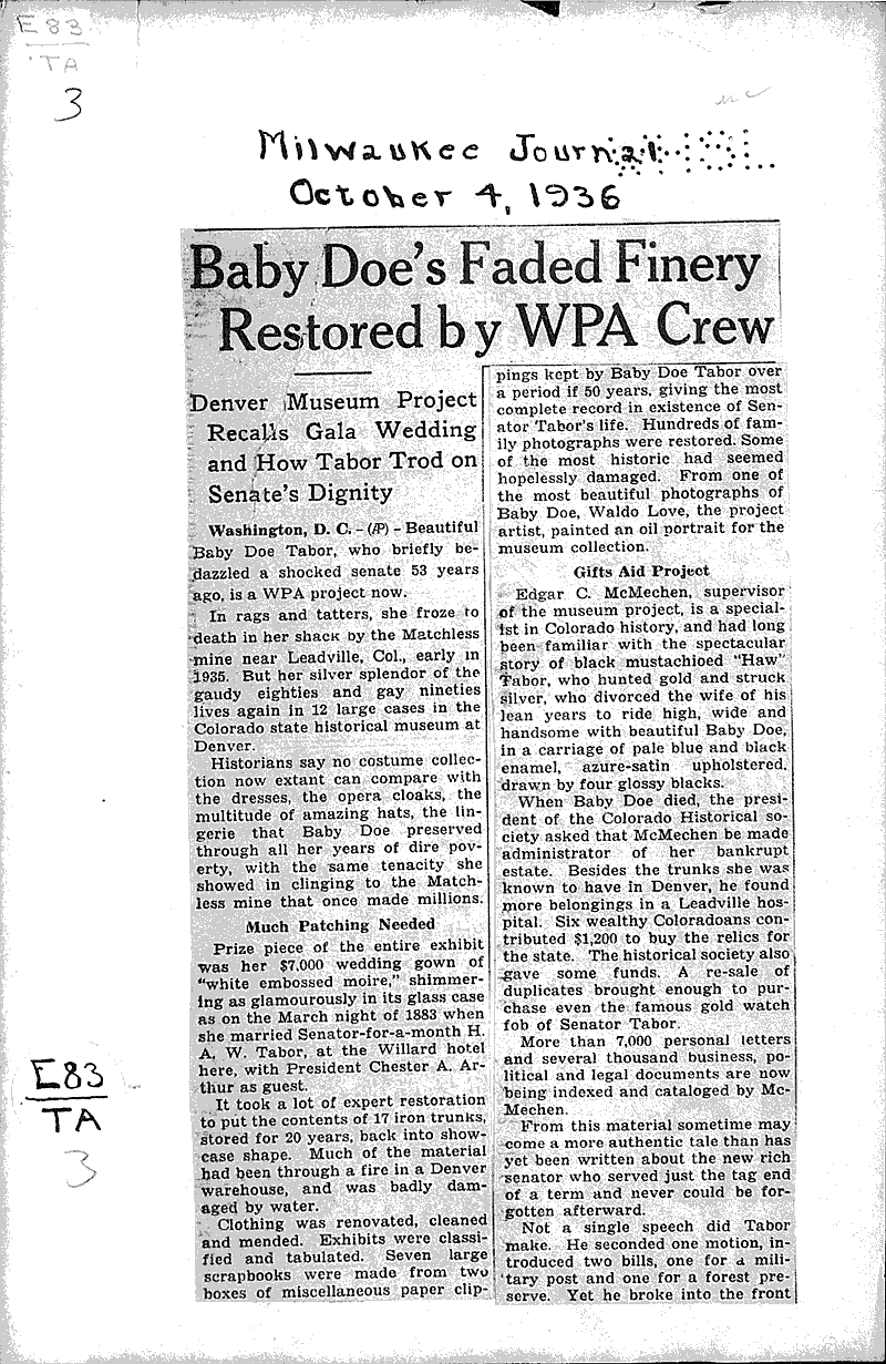 Chests yield Tabor relics Source: Milwaukee Journal Date: 1935-03-26