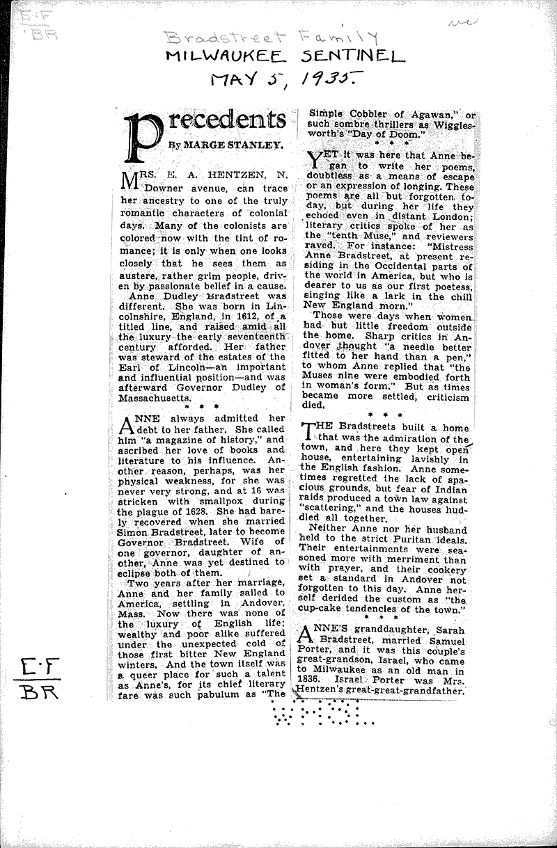 Precedents: Bradstreet family Source: Milwaukee Sentinel Topics: Immigrants Date: 1935-05-05