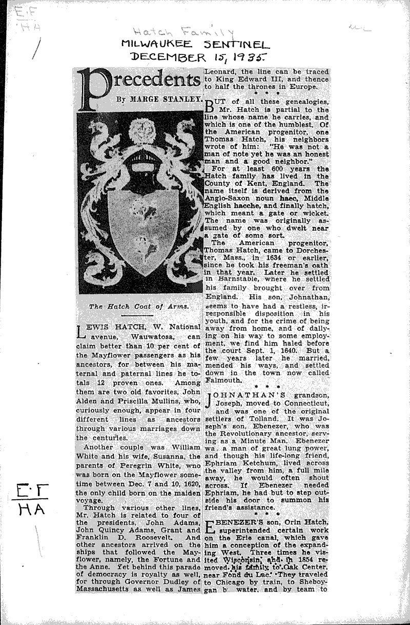 Precedents: Hatch family Source: Milwaukee Sentinel Topics: Immigrants Date: 1935-12-15