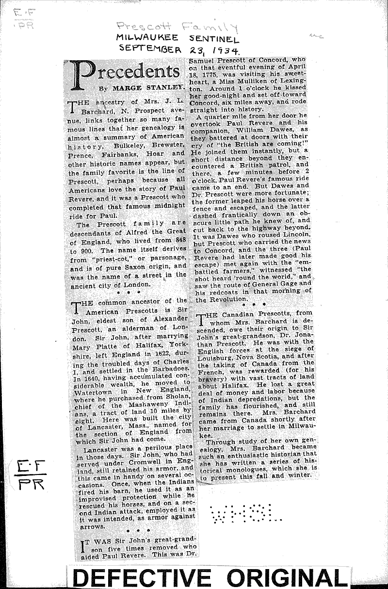 Precedents: Prescott family Source: Milwaukee Sentinel Topics: Immigrants Date: 1934-09-23