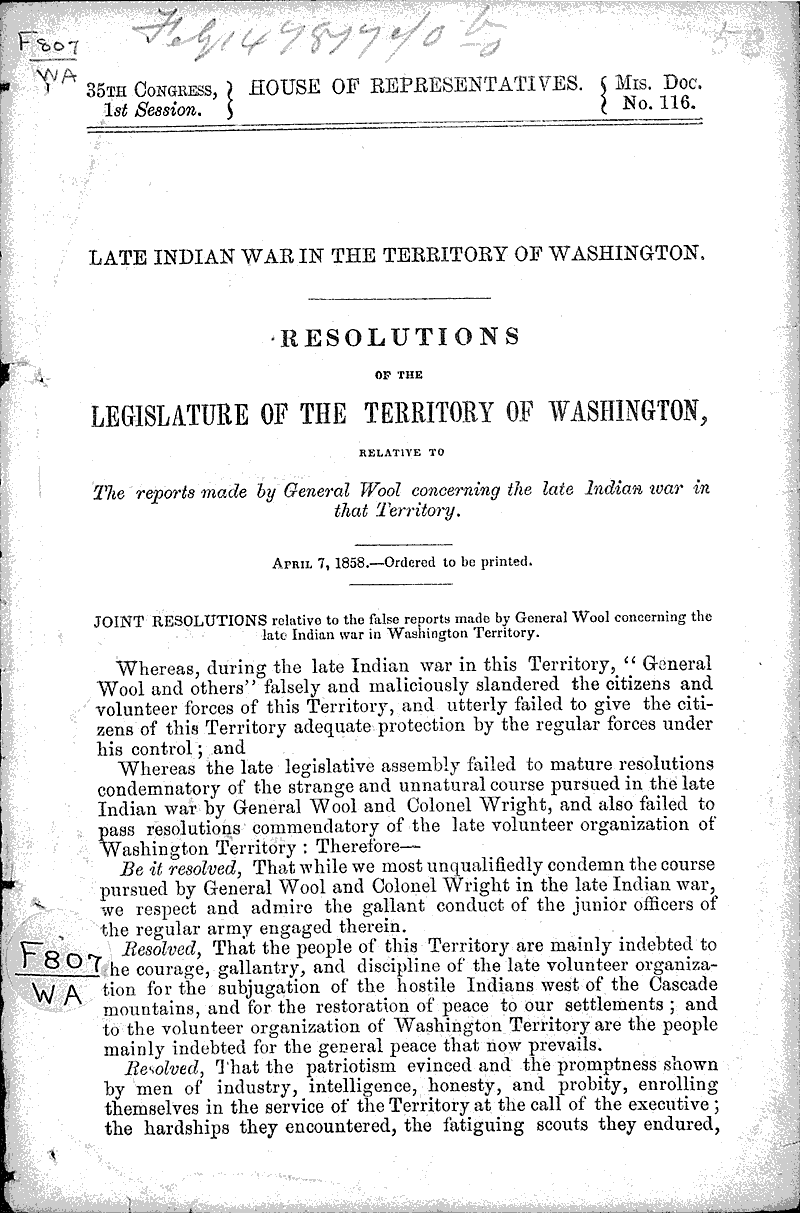 Late Indian war in the territory of Washington Topics: Indians and Native Peoples Date: 1858-04-07