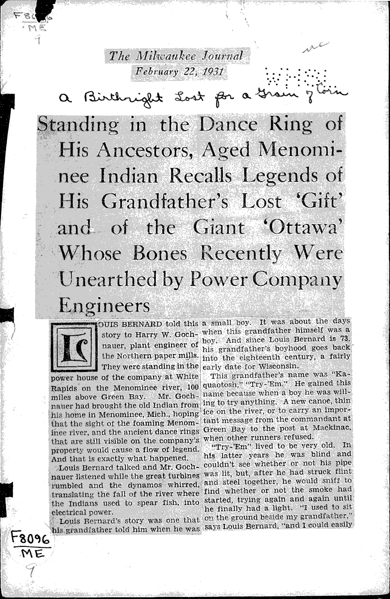  Source: Milwaukee Journal Topics: Indians and Native Peoples Date: 1931-02-22