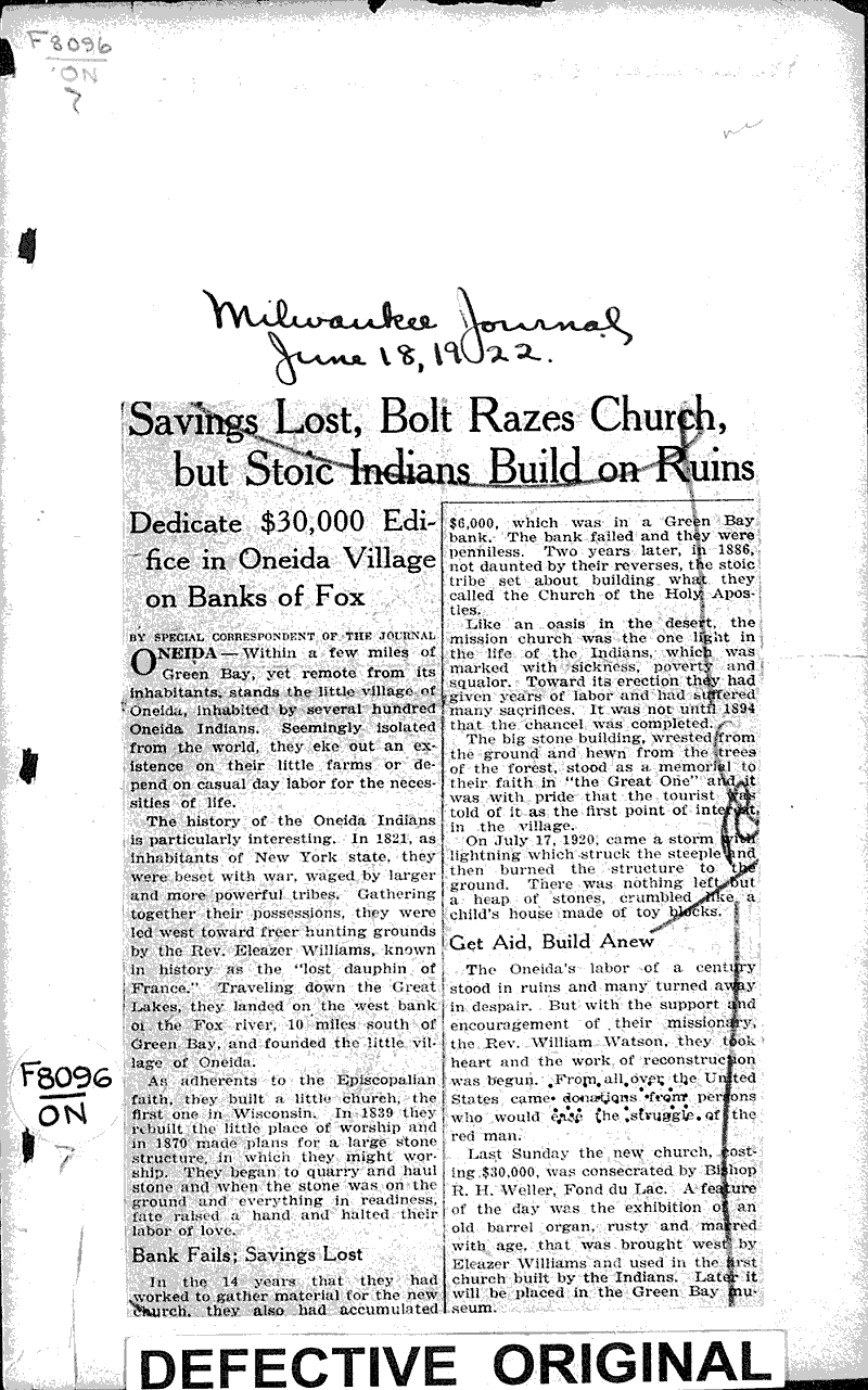  Source: Milwaukee Journal Topics: Indians and Native Peoples Date: 1922-06-18