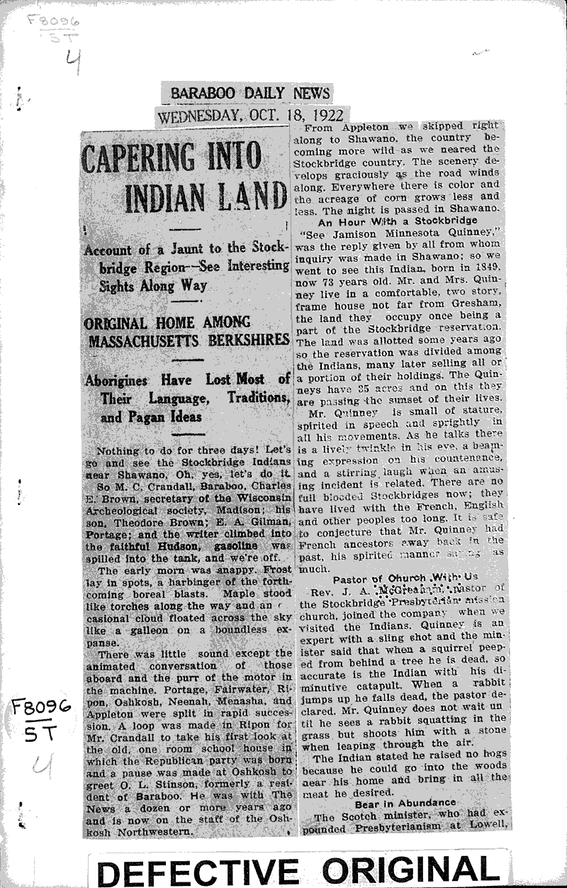  Source: Baraboo Daily News Topics: Indians and Native Peoples Date: 1922-10-18