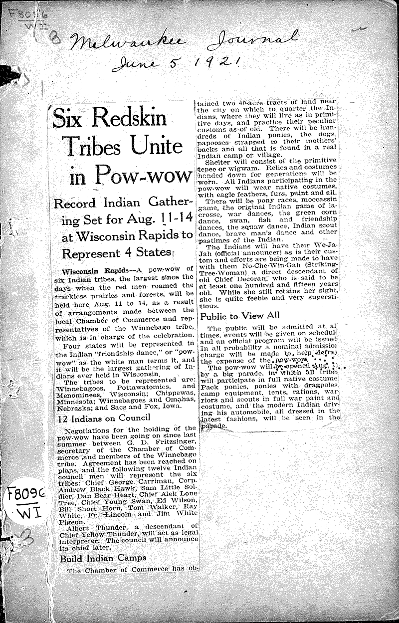 Six Redskin tribes unite in pow-wow Source: Milwaukee Journal Topics: Indians and Native Peoples Date: 1921-06-05