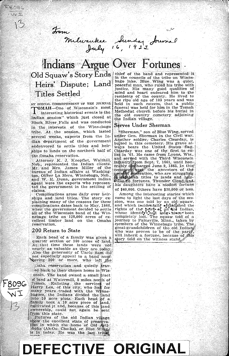  Source: Milwaukee Sunday Journal Topics: Indians and Native Peoples Date: 1922-07-16