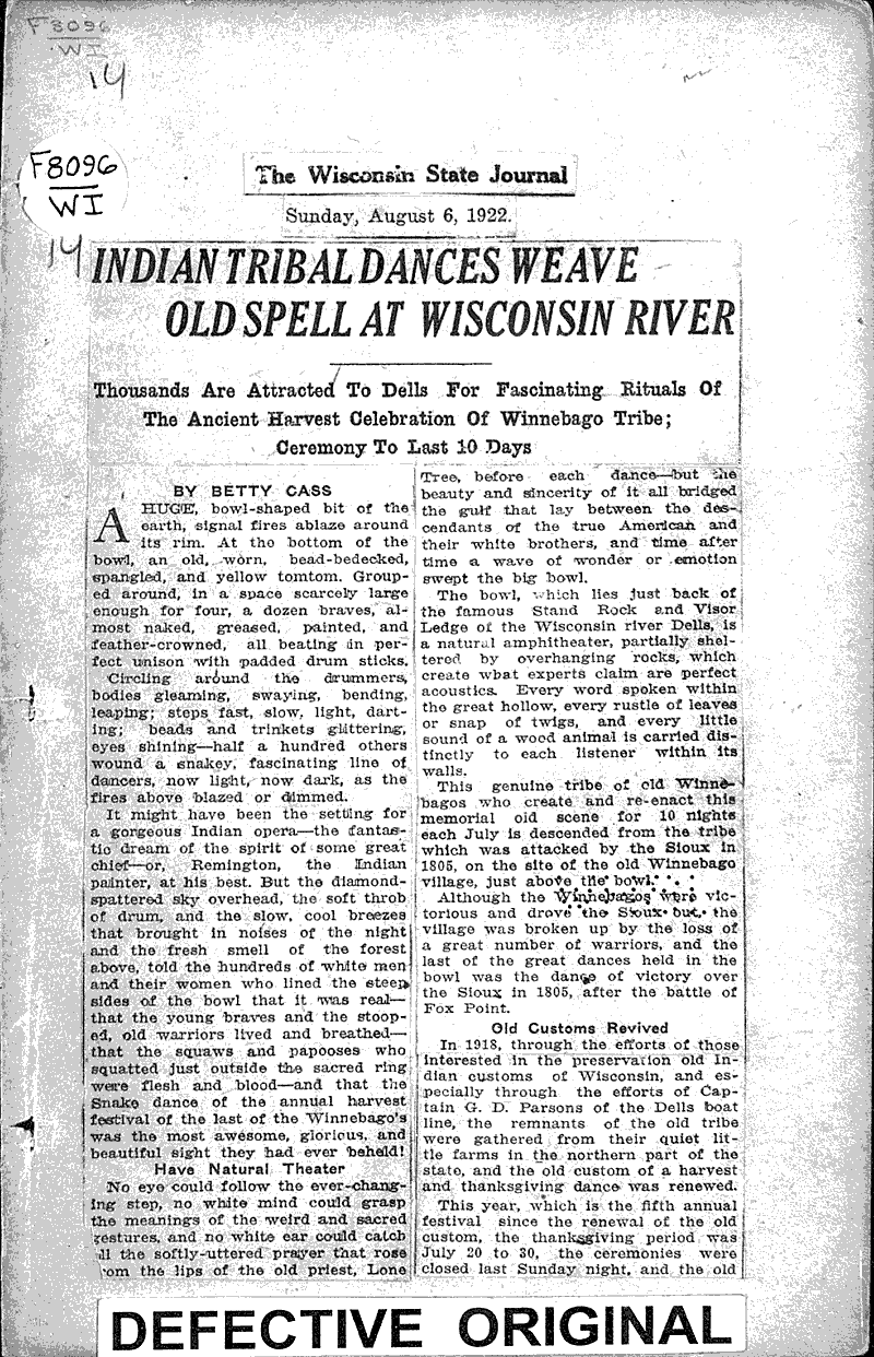  Source: Wisconsin State Journal Topics: Indians and Native Peoples Date: 1922-08-06