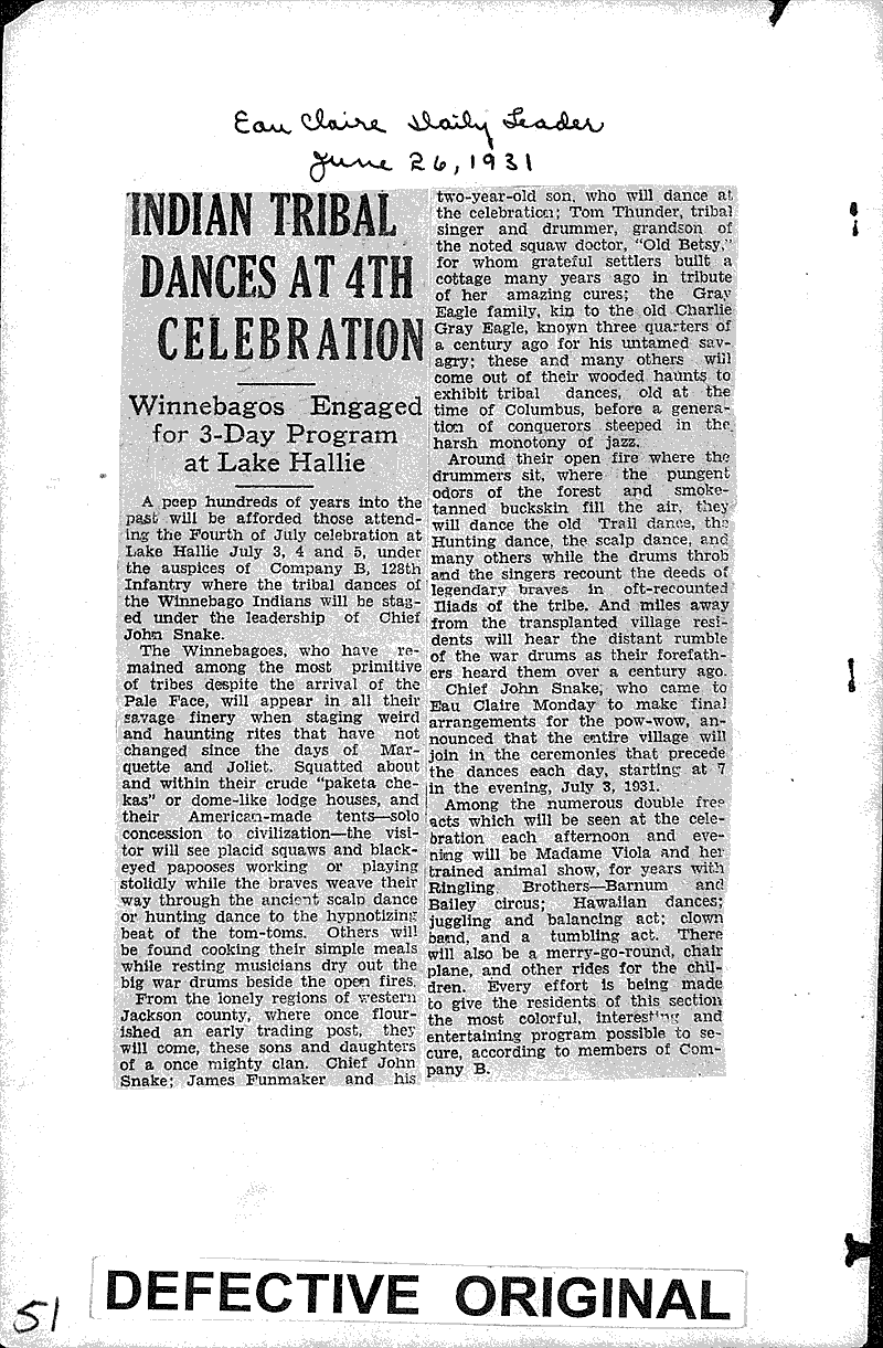  Source: Eau Claire Daily Leader Topics: Indians and Native Peoples Date: 1931-07-26