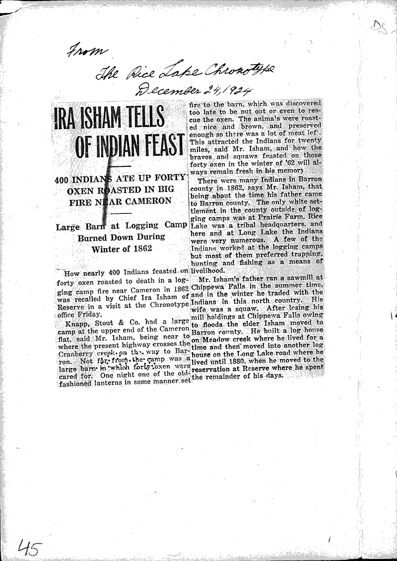  Source: Rice Lake Chronotype Topics: Indians and Native Peoples Date: 1924-12-24