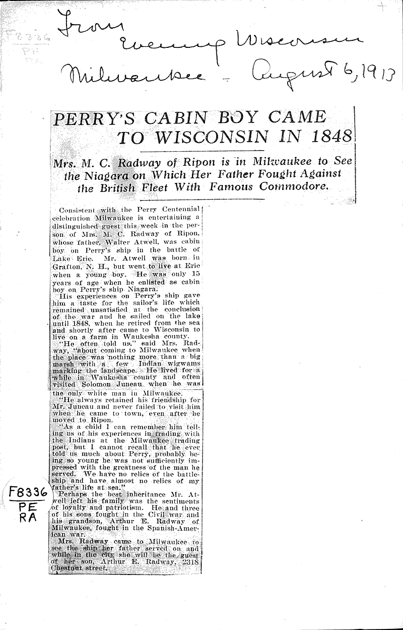  Source: Evening Wisconsin Topics: Wars Date: 1913-08-06
