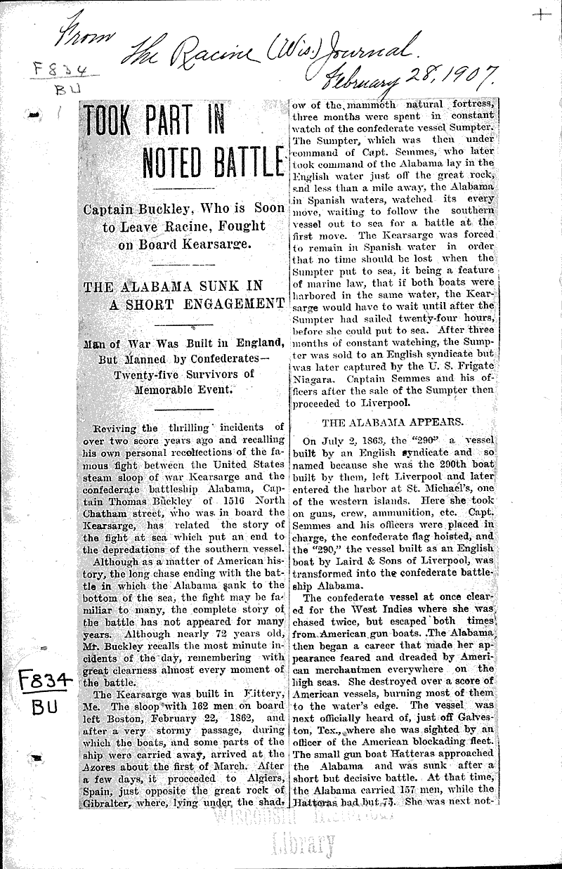  Source: Racine Journal Topics: Civil War Date: 1907-02-28