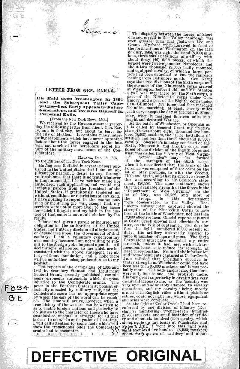 Letter from Gen. Early Source: New York News Topics: Civil War Date: 1865-12-28