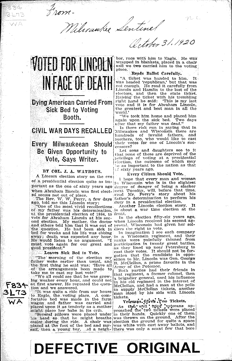  Source: Milwaukee Sentinel Topics: Civil War Date: 1920-10-31