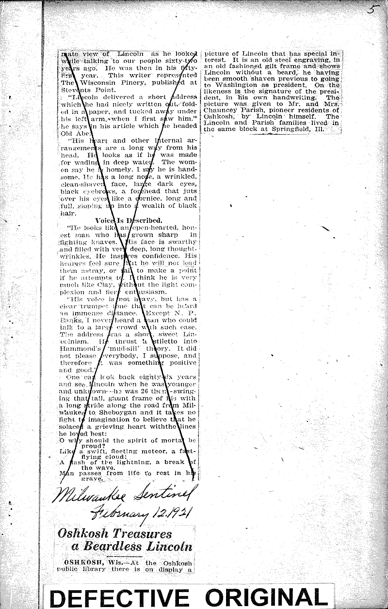 Oshkosh treasures a beardless Lincoln Source: Milwaukee Sentinel Topics: Civil War Date: 1921-02-12