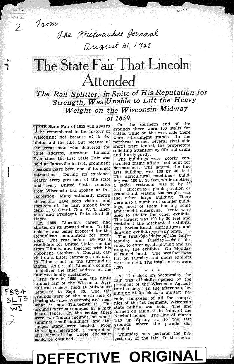  Source: Milwaukee Journal Topics: Civil War Date: 1927-08-31