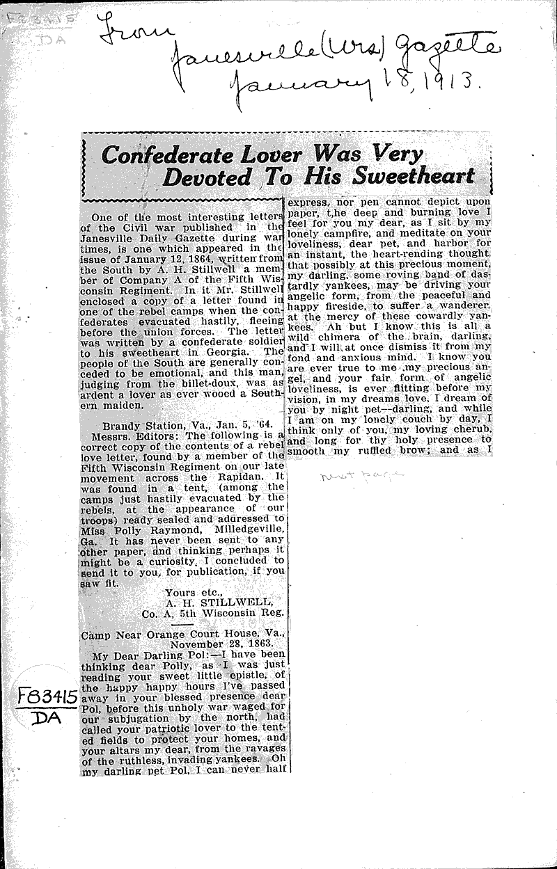  Source: Janesville Gazette Topics: Civil War Date: 1913-01-18
