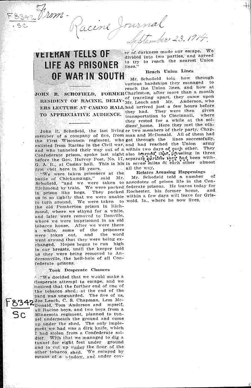  Source: Racine Journal Topics: Civil War Date: 1914-09-23