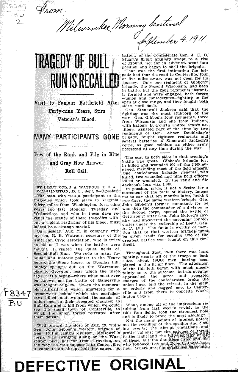 Tragedy of Bull Run is recalled Source: Milwaukee Morning Sentinel Topics: Civil War Date: 1911-09-04
