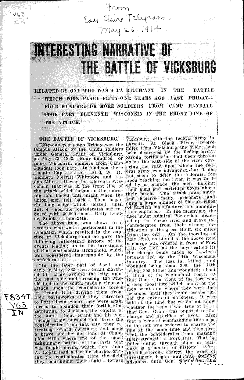  Source: Eau Claire Telegram Topics: Civil War Date: 1914-05-26