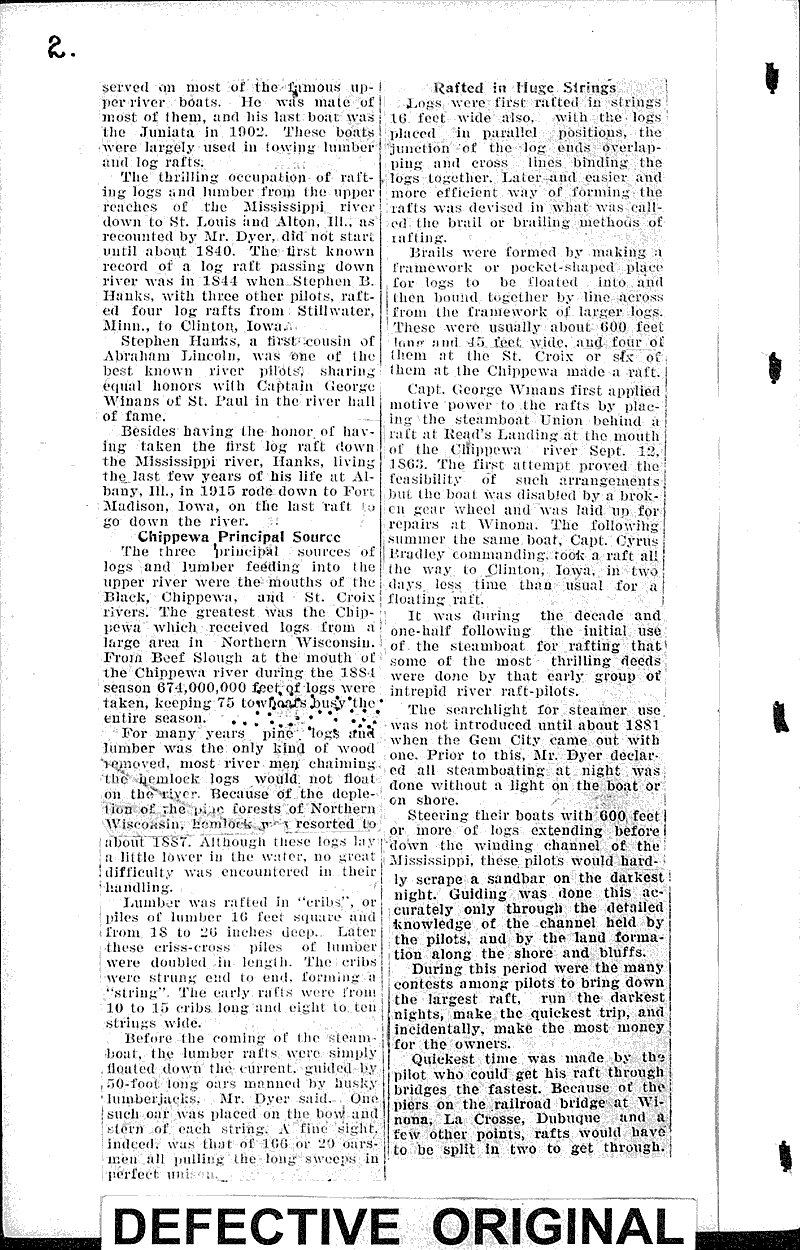 Harry G. Dyer, Madison resident, recounts old raftsmen's tales about Upper Missisippi River Source: La Crosse Tribune and Leader-Press Topics: Transportation Date: 1932-01-24