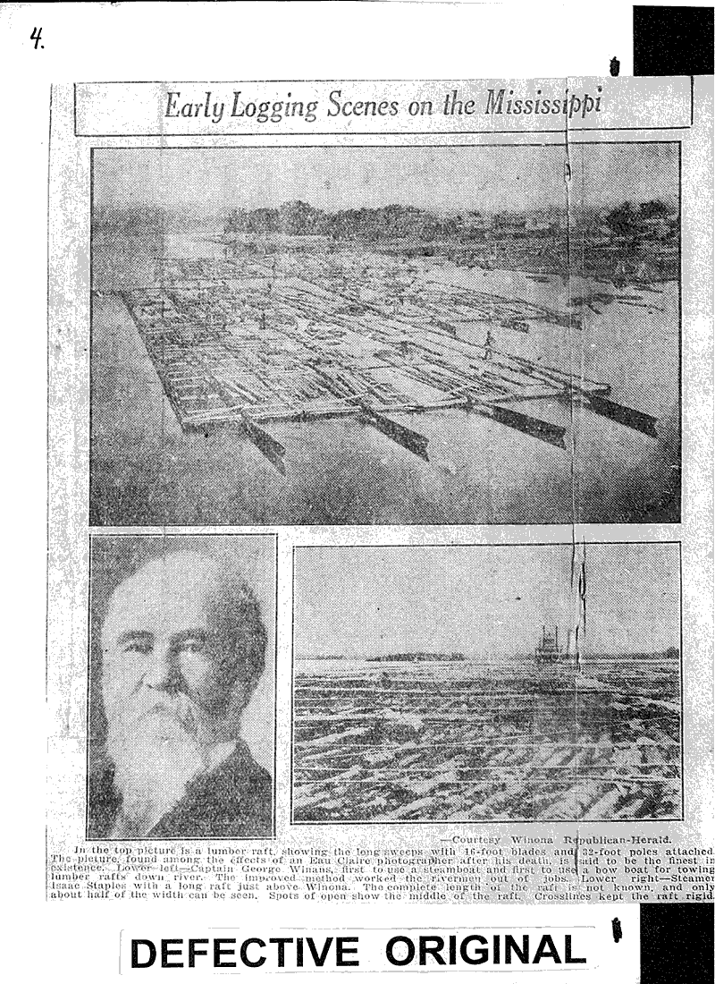 Harry G. Dyer, Madison resident, recounts old raftsmen's tales about Upper Missisippi River Source: La Crosse Tribune and Leader-Press Topics: Transportation Date: 1932-01-24